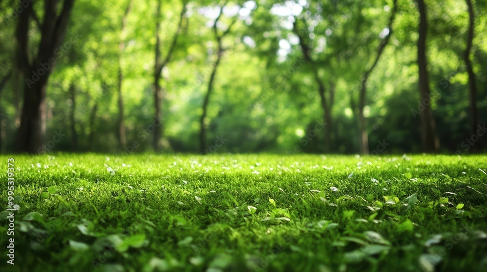 Lush Green Grass with Defocused Forest Background Lush Green Grass with Defocused Forest Background