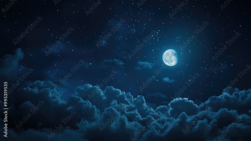 Glowing stars and a full moon shining through clouds in a dark blue sky create a romantic nighttime scene Glowing stars and a full moon shining through clouds in a dark blue sky create a romantic nighttime scene