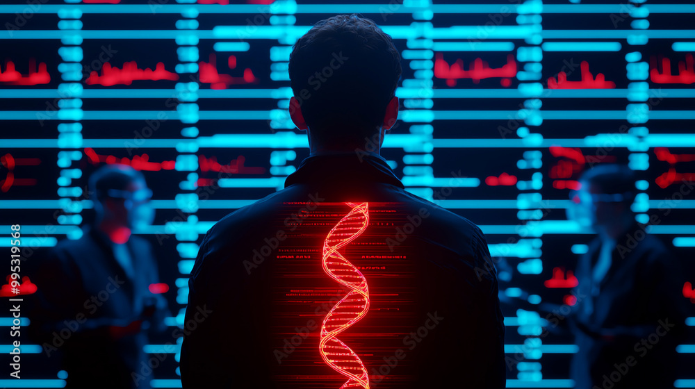 Silhouette of a person in front of a digital backdrop displaying DNA sequences and data, representing biotechnology and advanced research. Silhouette of a person in front of a digital backdrop displaying DNA sequences and data, representing biotechnology and advanced research.