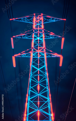 High voltage power line tower illuminated in neon colors against a dark stormy sky, showcasing modern energy infrastructure.