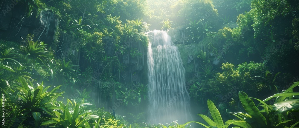 Obraz premium Serene Waterfall in Lush Tropical Jungle Landscape