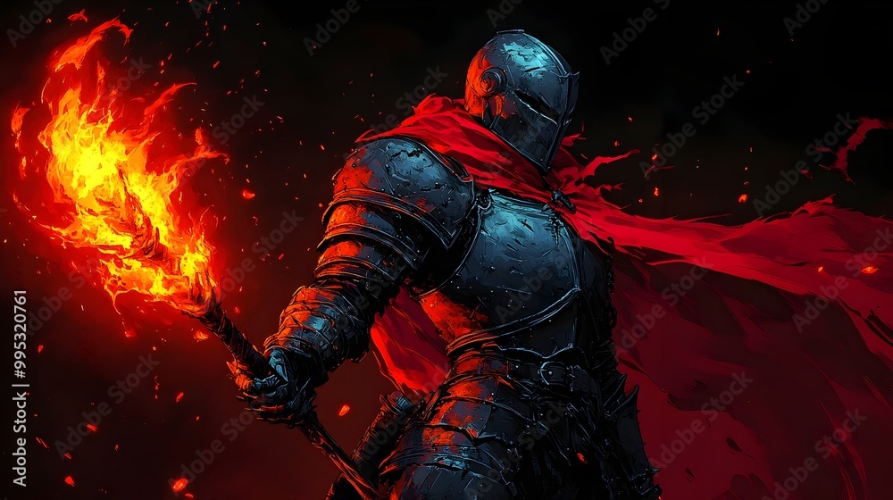 Fototapeta premium Fiery Gothic Knight in Jagged Steel Armor Wielding Flaming Rune Sword