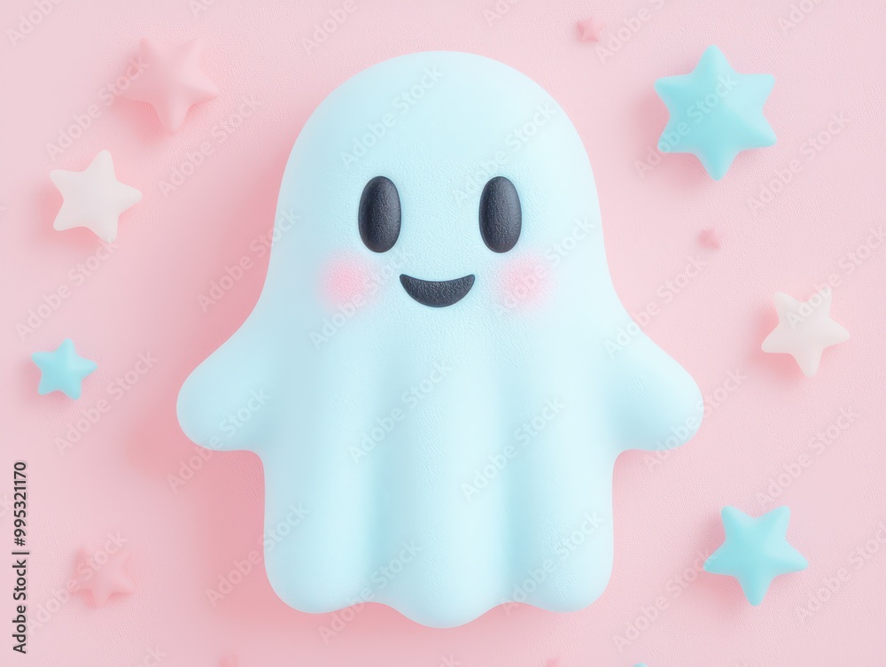 Cute smiling ghost character with pastel stars on a pink background. Cute smiling ghost character with pastel stars on a pink background.