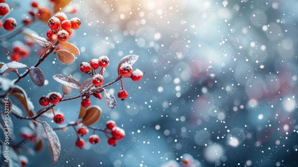 Winter Background with snow branches tree leaves and snowflakes on background Holiday Christmas greeting card Winter Background with snow branches tree leaves and snowflakes on background Holiday Christmas greeting card