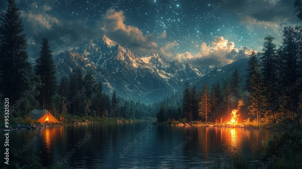 Fototapeta premium Campfire Under a Starry Sky in the Mountains
