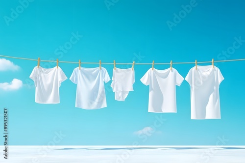 White shirts drying under a blue sky, showcasing freshness and simplicity in a serene outdoor setting.