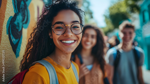 Multicultural young people smiling together at camera outside - Happy group of friends taking selfie pic walking on city street - Friendship concept with guys and girls enjoying