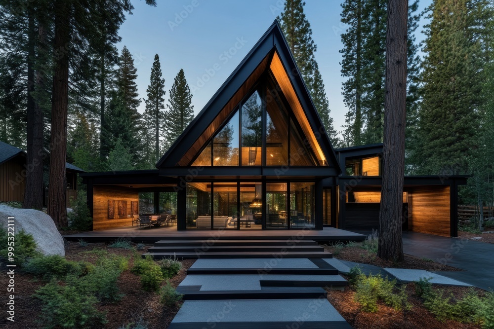 A modern A-frame house nestled among trees, featuring large glass windows and warm wooden accents, illuminated softly in the evening light. A modern A-frame house nestled among trees, featuring large glass windows and warm wooden accents, illuminated softly in the evening light.