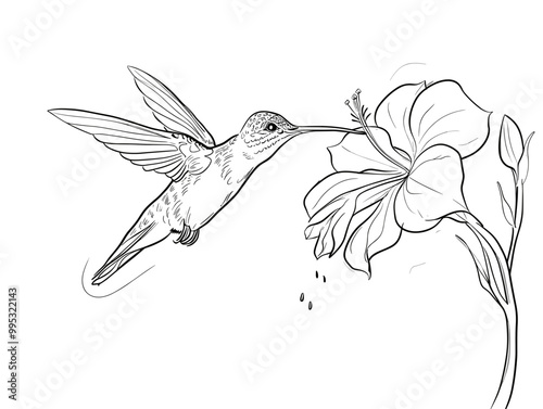 Minimalist Depiction of Hummingbird's Graceful Nectar Sipping