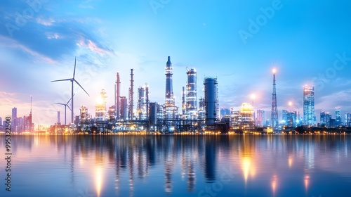 A stunning skyline of a modern industrial city at dusk, featuring wind turbines and illuminated skyscrapers reflecting on water. photo