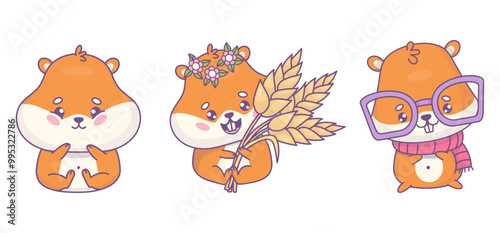 Cute cartoon hamsters. Rodent girl with ears of wheat, shy kid animal and character in glasses and scarf. Isolated funny kawaii character. Vector illustration. Kids collection