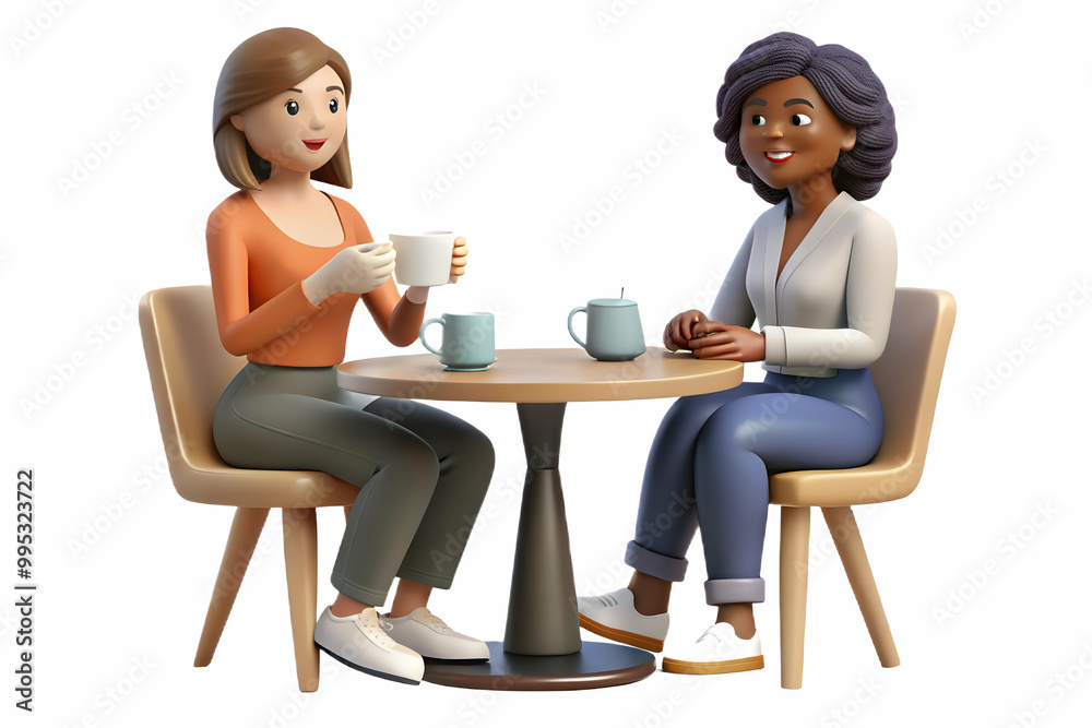 Flat Vector Illustration of Candid Conversation Between Two Culturally Diverse Women Over Coffee in Cozy Caf? Setting � Symbolizing Human Connection and Unity Flat Vector Illustration of Candid Conversation Between Two Culturally Diverse Women Over Coffee in Cozy Caf? Setting � Symbolizing Human Connection and Unity