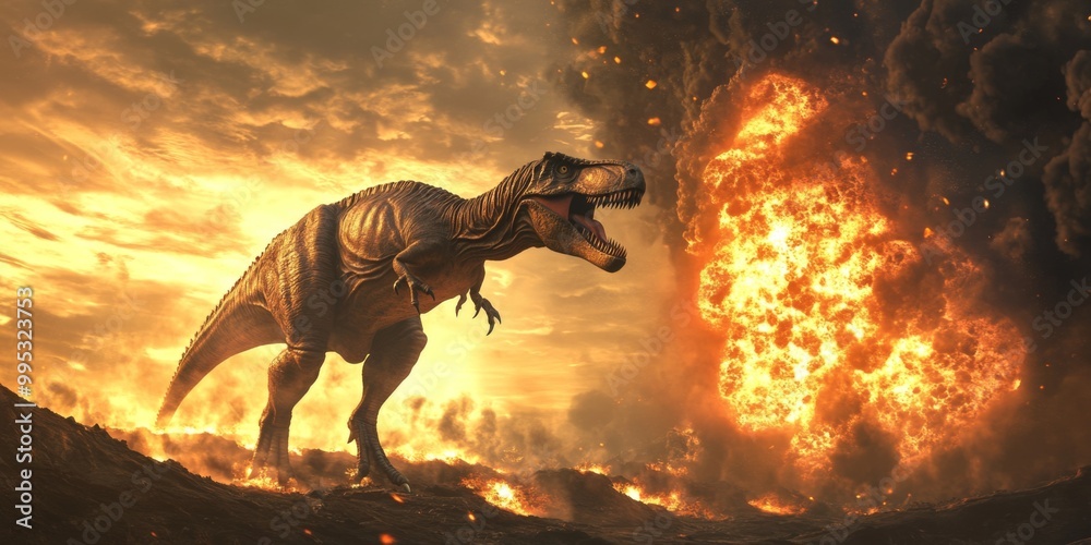 Naklejka premium Dinosaur fleeing from flames in a global catastrophe. Concept Dinosaur Apocalypse, Flames of Destruction