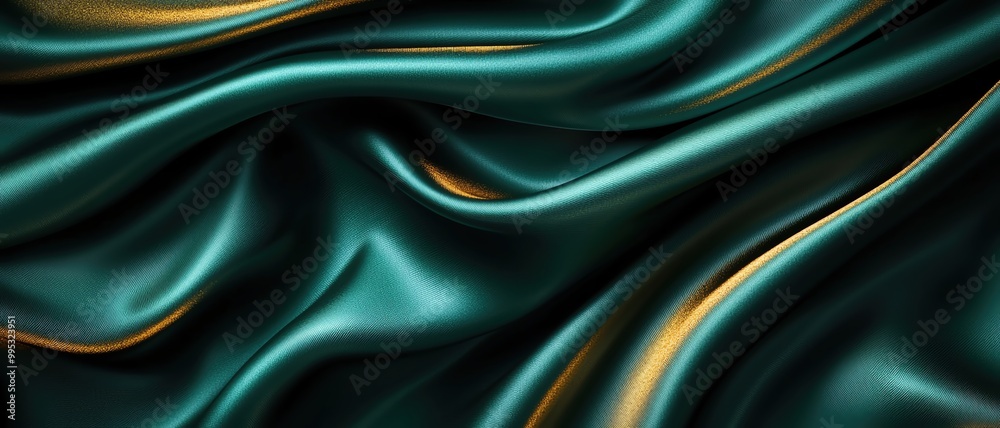 Obraz premium Rich satin textures in deep emerald green with golden threads, representing opulence and high fashion