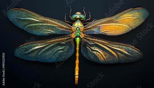 A dragonfly with glasslike wings, infused with golden veins and a shimmering, neon green body photo