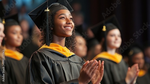 a student being applauded while receiving a recognition award on stage. photo