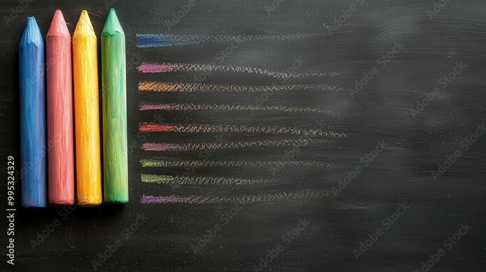 Colorful Chalk Sticks on Black Chalkboard with Space for Text Colorful Chalk Sticks on Black Chalkboard with Space for Text