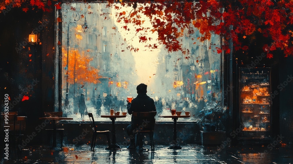 A serene caf? scene framed by autumn leaves and a rainy street. A serene caf? scene framed by autumn leaves and a rainy street.