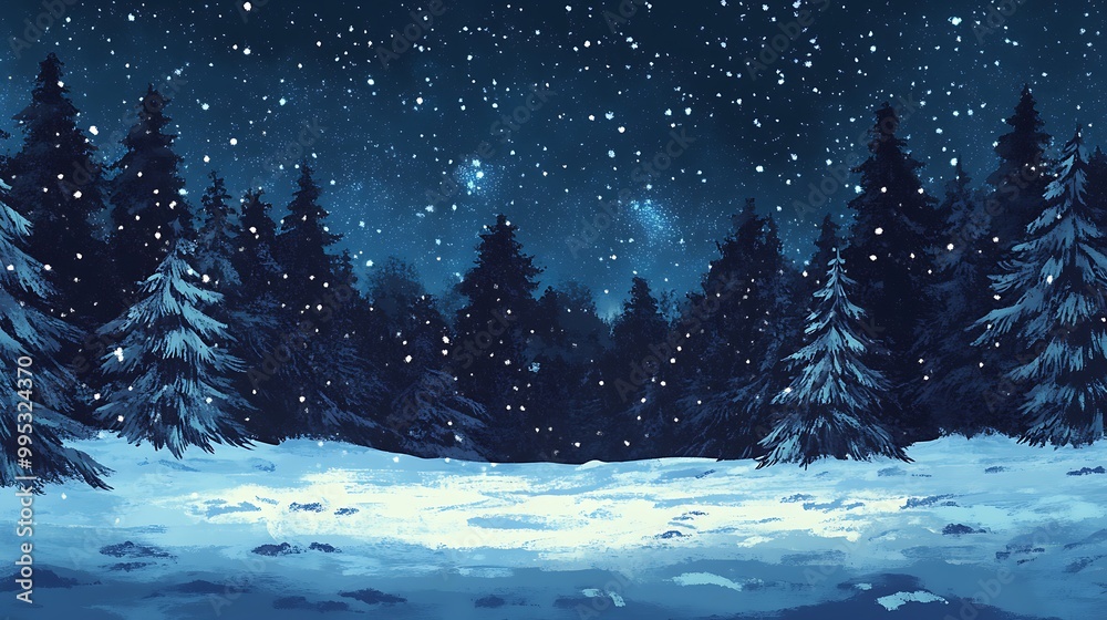 Christmas theme snowy weather with pine trees and snow with starry sky above, cold winter chill air Christmas theme snowy weather with pine trees and snow with starry sky above, cold winter chill air