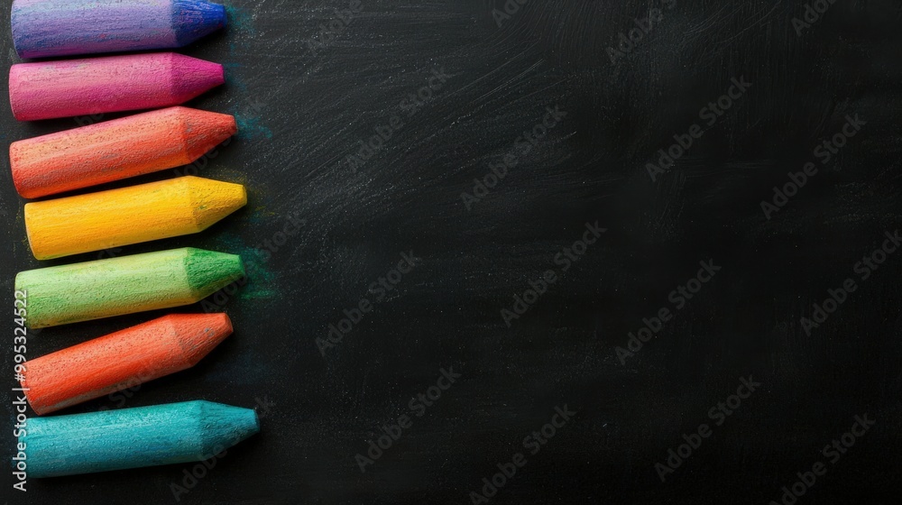 Colorful Chalk Sticks on Black Chalkboard with Copy Space Colorful Chalk Sticks on Black Chalkboard with Copy Space
