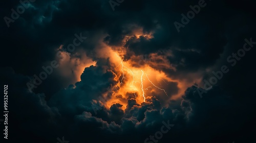 Orange thunderstrike between clouds landscape, might lightning strike in stormy weather photo