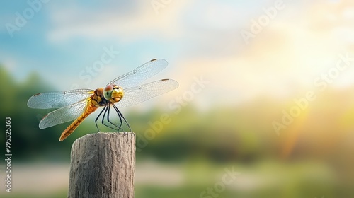 A stunning dragonfly perched on a wooden post against a beautiful sunset backdrop. This close-up captures the intricate details and vibrant colors of the insect, showcasing nature's beauty.