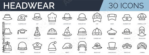Set of 30 outline icons related to headwear. Linear icon collection. Editable stroke. Vector illustration