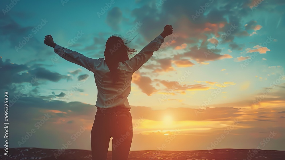 Confident successful woman celebrating achievement with arms raised in a motivational and inspirational setting, symbolizing empowerment and personal growth.