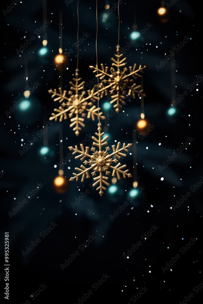 Beautiful golden shiny snowflakes on the background of a dark green Christmas tree. Christmas and New Year Decorations. Beautiful golden shiny snowflakes on the background of a dark green Christmas tree. Christmas and New Year Decorations.