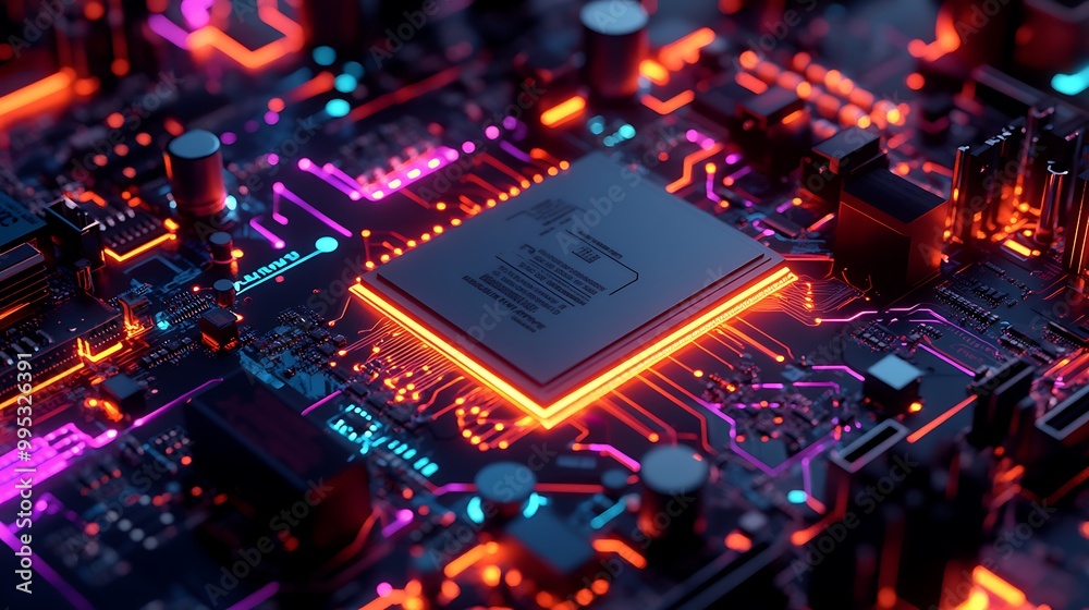 Colorful glowing cpu, inside of computer hardware illustration design with purple and orange theme lights, digital technological design Colorful glowing cpu, inside of computer hardware illustration design with purple and orange theme lights, digital technological design