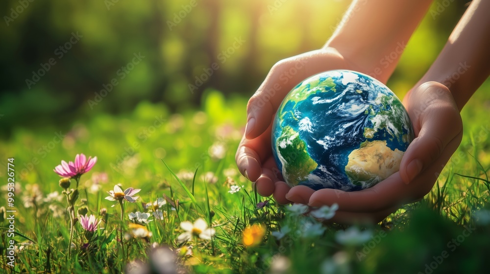 Hands cradle a vibrant Earth in a lush field, symbolizing humanity's care for the environment.