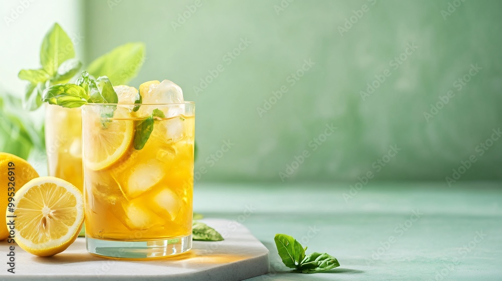 Fototapeta premium Refreshing iced tea with lemon and basil in a glass.