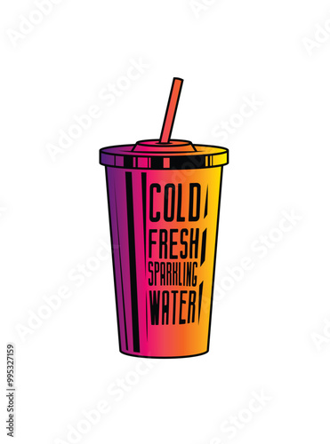 Fast food plastic cup with straw. Hot or cold drink. Original vector illustration in vintage style.