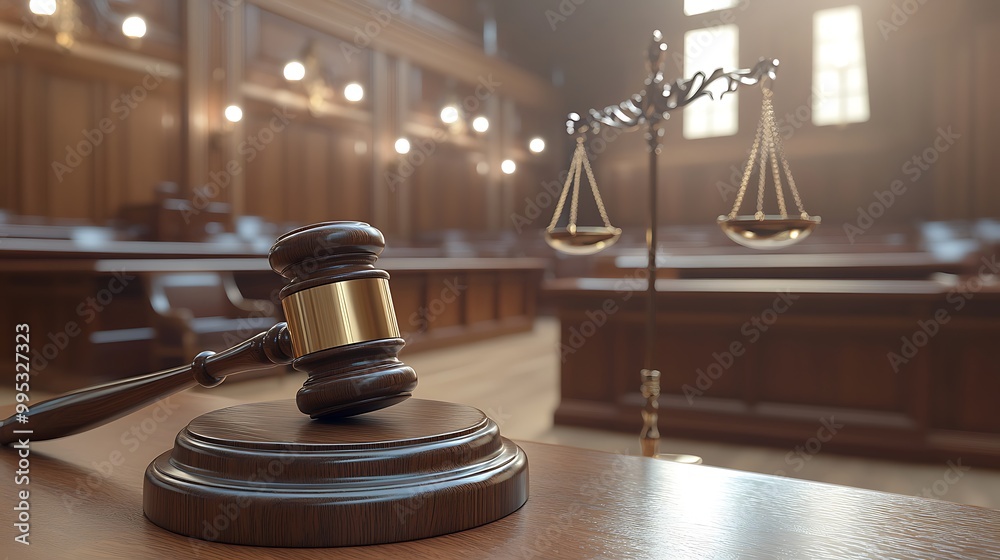 Hammer and gavel in a courthouse, justice scale concept of crime, laws and judgment Hammer and gavel in a courthouse, justice scale concept of crime, laws and judgment