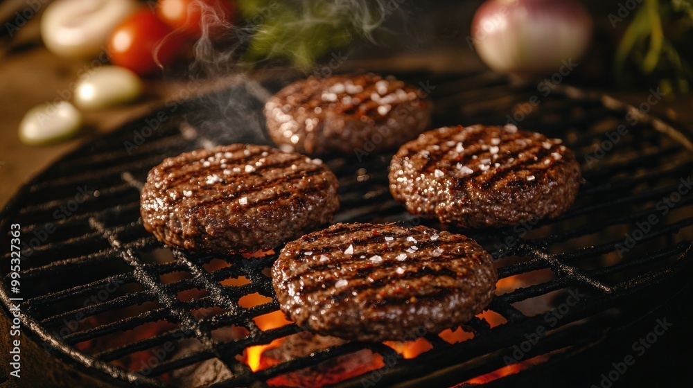 Grilled burgers sizzling on a barbecue, showcasing a delicious cooking scene. Grilled burgers sizzling on a barbecue, showcasing a delicious cooking scene.