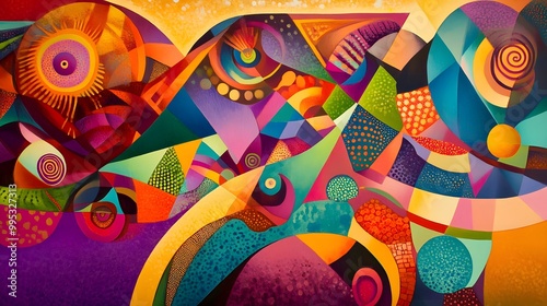 Otherworldly abstract art with complex organic shapes and modern geometric patterns in vivid colors