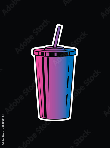 Fast food plastic cup with straw. Hot or cold drink. Original vector illustration in vintage style.