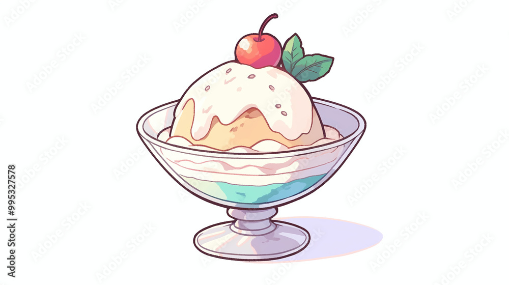 Creamy Vanilla Ice Cream Sundae with Cherry and Mint Creamy Vanilla Ice Cream Sundae with Cherry and Mint