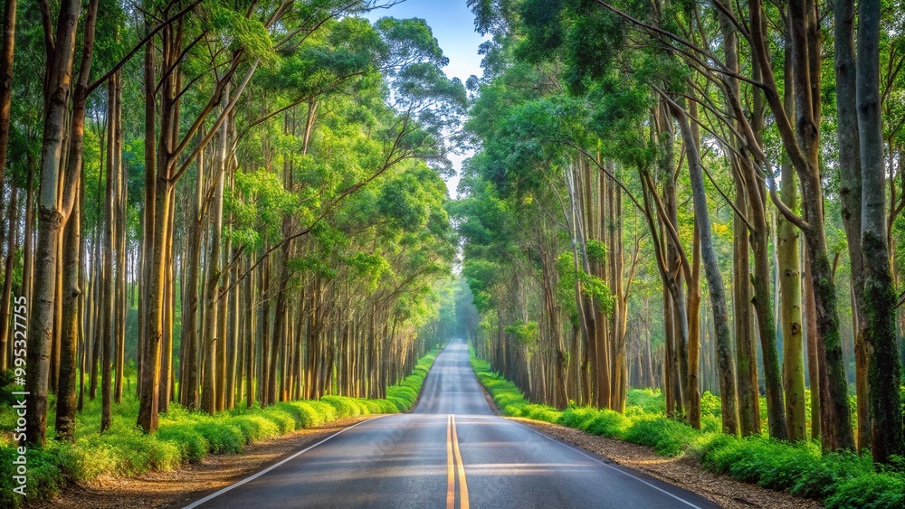 Countryside asphalt road surrounded by rubber and eucalyptus trees, with selective focus Countryside asphalt road surrounded by rubber and eucalyptus trees, with selective focus