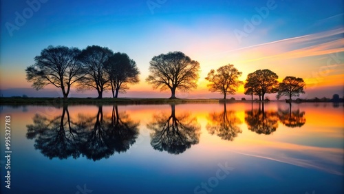 Countryside landscape with trees and water reflection