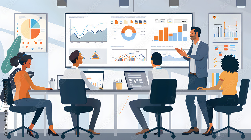 Office Conference Room Meeting Presentation Latin Businessman Talks, Uses Wall TV to Show Company Growth with Big Data Analysis, Graphs, Charts, Infographics. Multi-Ethnic e-Comme Office Conference Room Meeting Presentation Latin Businessman Talks, Uses Wall TV to Show Company Growth with Big Data Analysis, Graphs, Charts, Infographics. Multi-Ethnic e-Comme