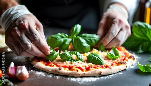 Vibrant kitchen scene with chef crafting pizza and garnishing with fresh basil leaves