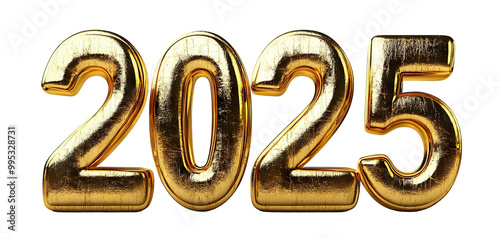 Golden foil balloon numbers forming 2025, isolated on transparent cutout background