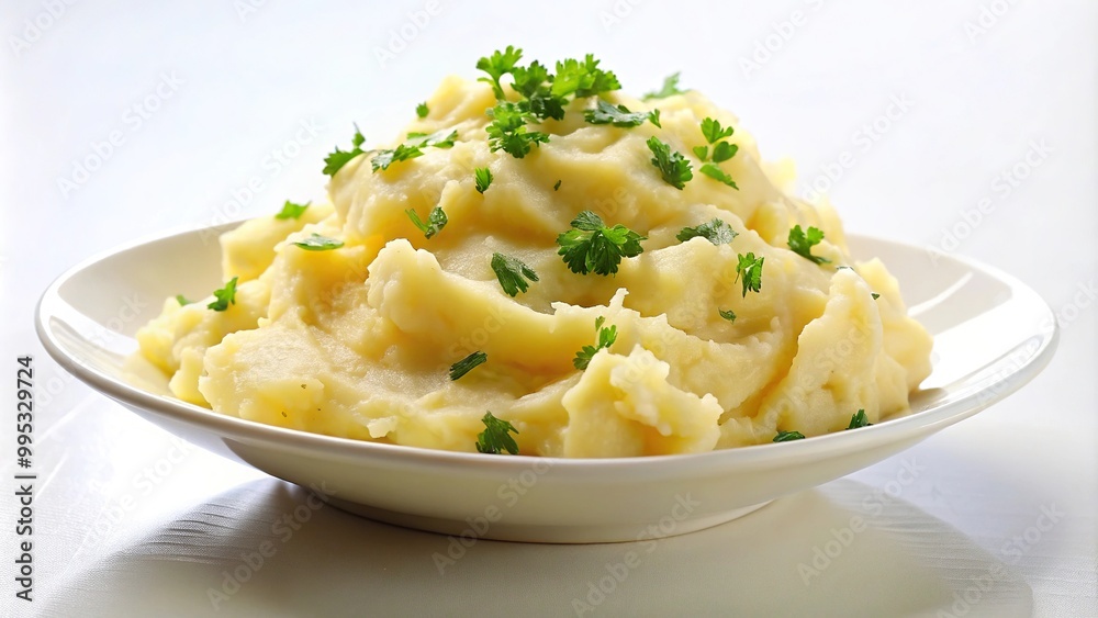 Creamy mashed potatoes served on a white plate, against a black background Creamy mashed potatoes served on a white plate, against a black background