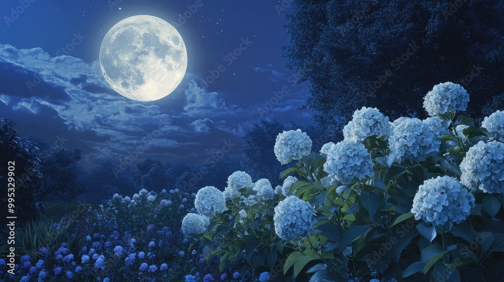 A garden of hydrangeas, with the full moon casting a soft light on their pale blooms, creating a peaceful night scene A garden of hydrangeas, with the full moon casting a soft light on their pale blooms, creating a peaceful night scene