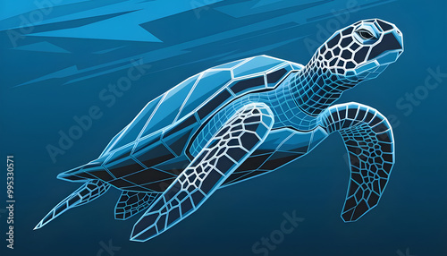 Abstract swimming sea turtle in polygons on technology blue background. Low poly wire frame marine life concept. Polygonal 3D vector illustration. High resolution photo