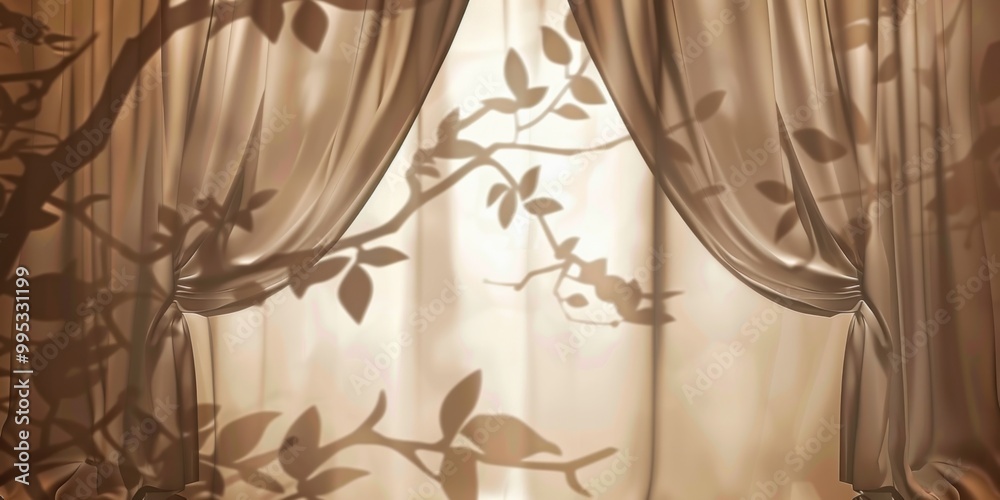 Beige curtains with tree branch shadows on a window. Digital art for design and print. Interior and nature-inspired concept. Beige curtains with tree branch shadows on a window. Digital art for design and print. Interior and nature-inspired concept.