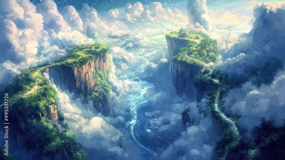 Two Majestic Cliffs with a Winding River in a Dreamy Cloud Landscape Two Majestic Cliffs with a Winding River in a Dreamy Cloud Landscape