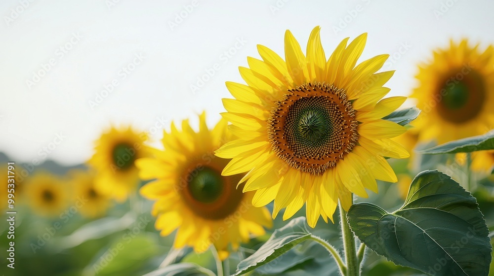 Fototapeta premium Bright sunflower in a field, close up with natural background