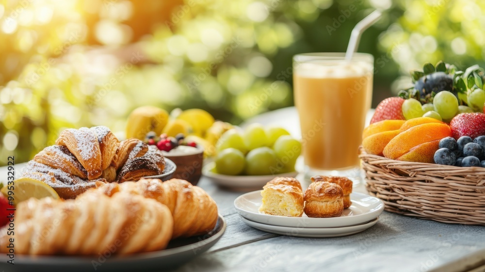 Fresh fruit, pastries, and juice on a sunny table. Fresh fruit, pastries, and juice on a sunny table.